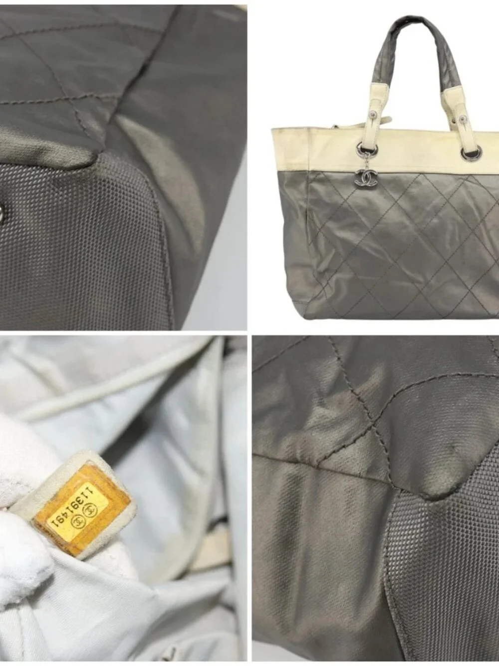 CHANEL Paris Biarritz GM Tote Bag Coated Canvas Gray Silver CC Auth bs34403